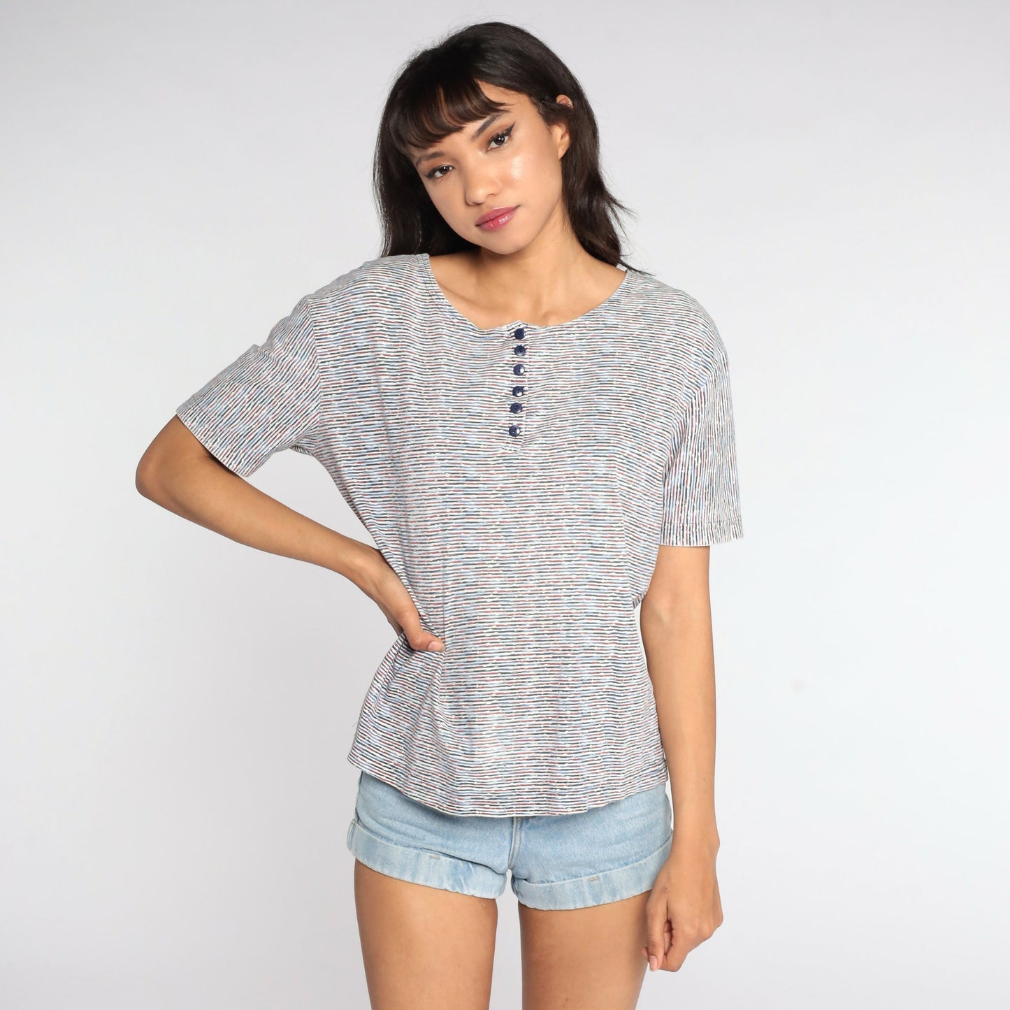 80s Striped Henley Shirt White Blue Burgundy Button Neck Large L