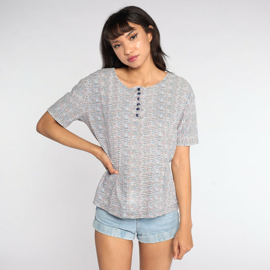 80s Striped Henley Shirt White Blue Burgundy Button Neck Large L