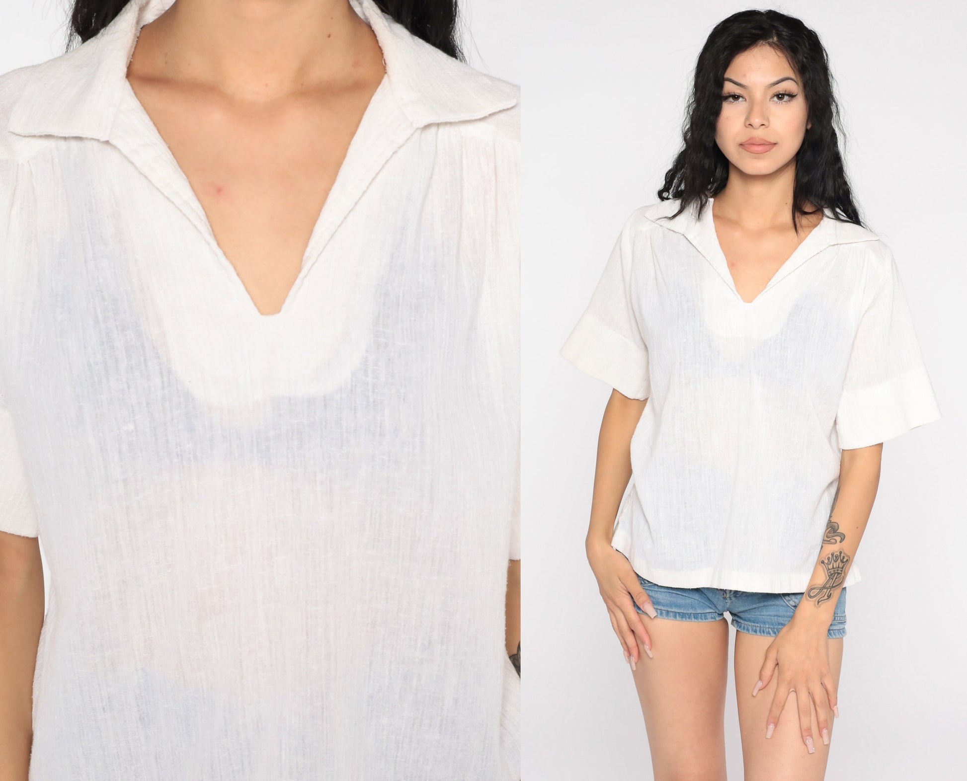70s Teddi of California White Gauze Tunic Top Short Sleeve V Neck Large