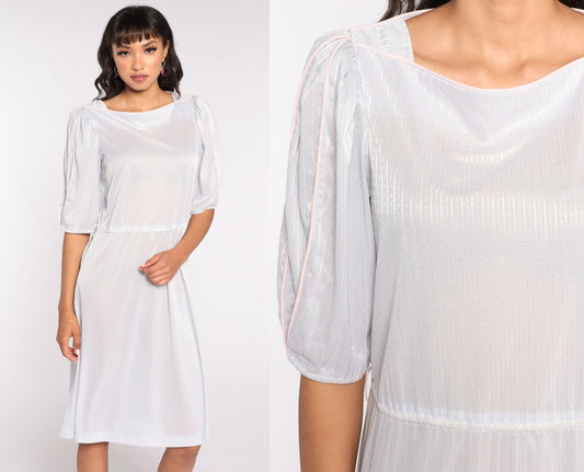 80s Grey Striped Puff Sleeve Midi Dress Semi-Sheer Medium