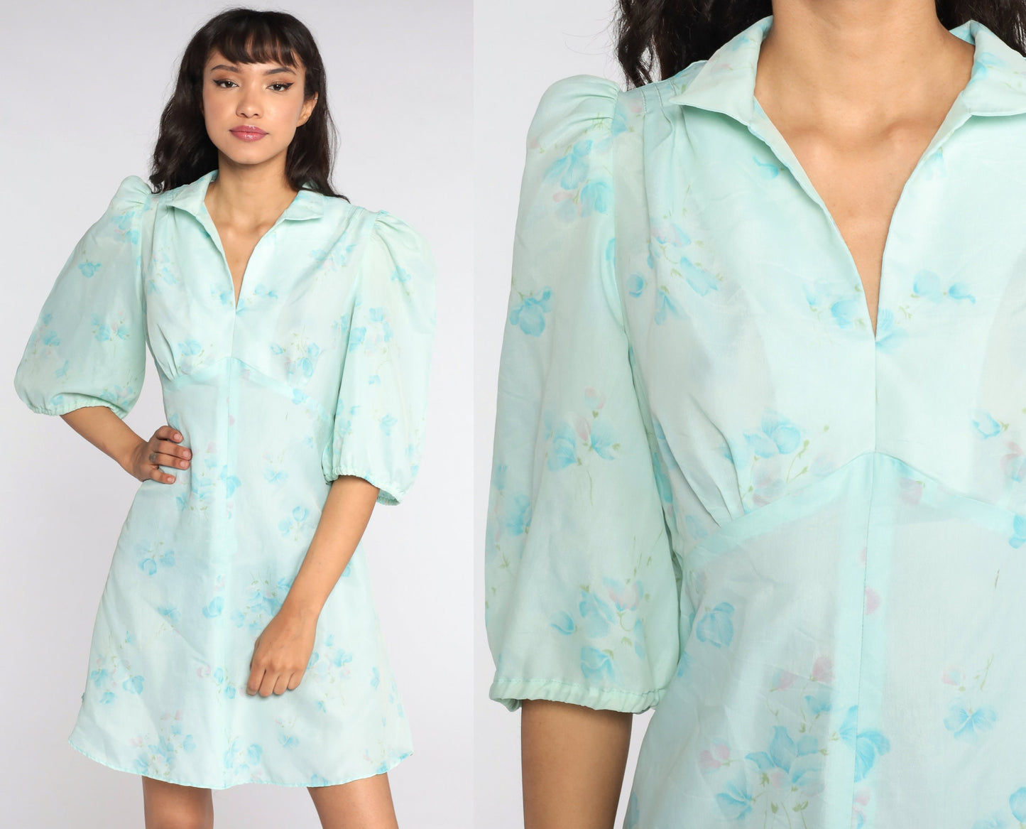 70s Floral Babydoll Dress Puff Sleeve Empire Waist Mini Blue Small