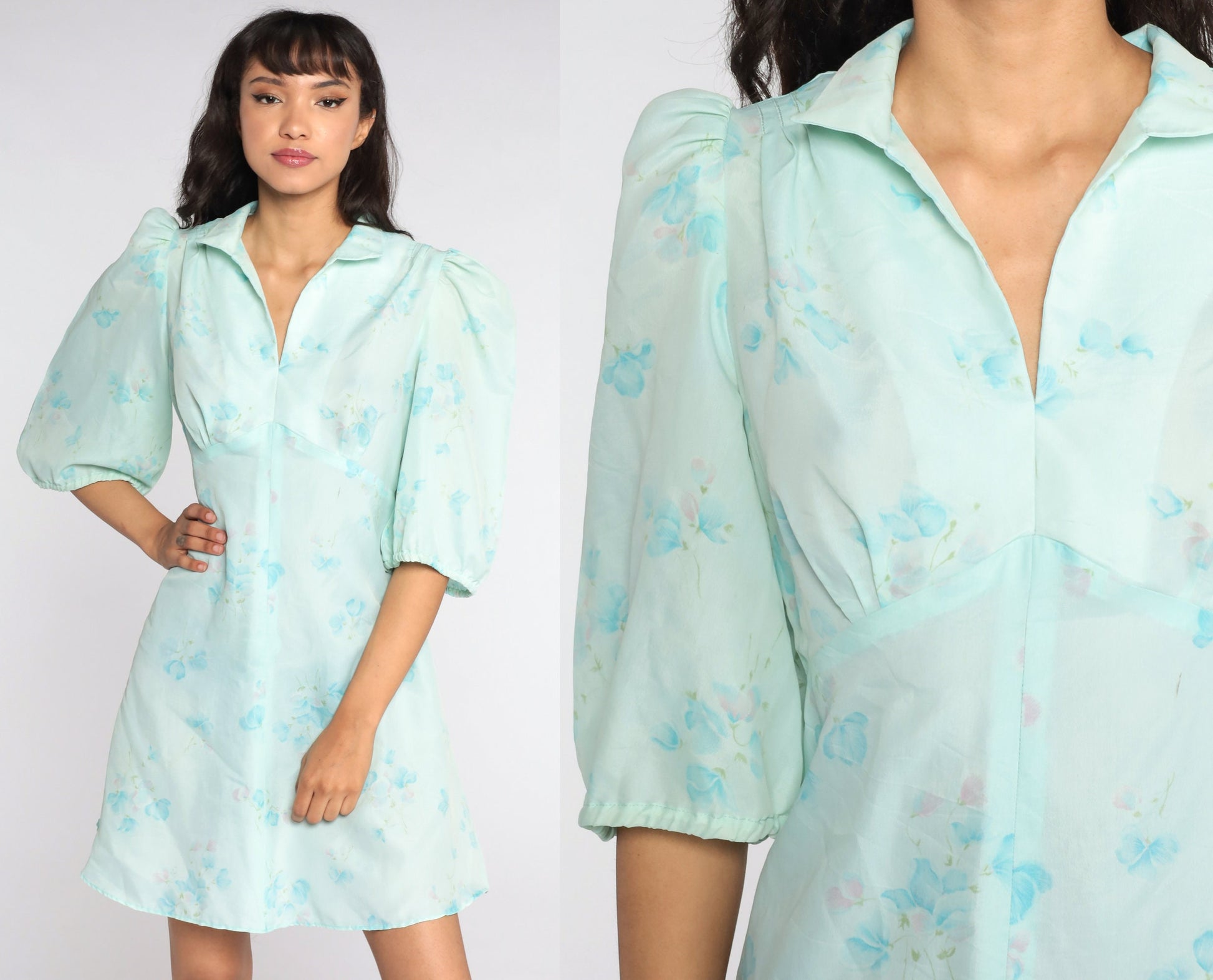 70s Floral Babydoll Dress Puff Sleeve Empire Waist Mini Blue Small