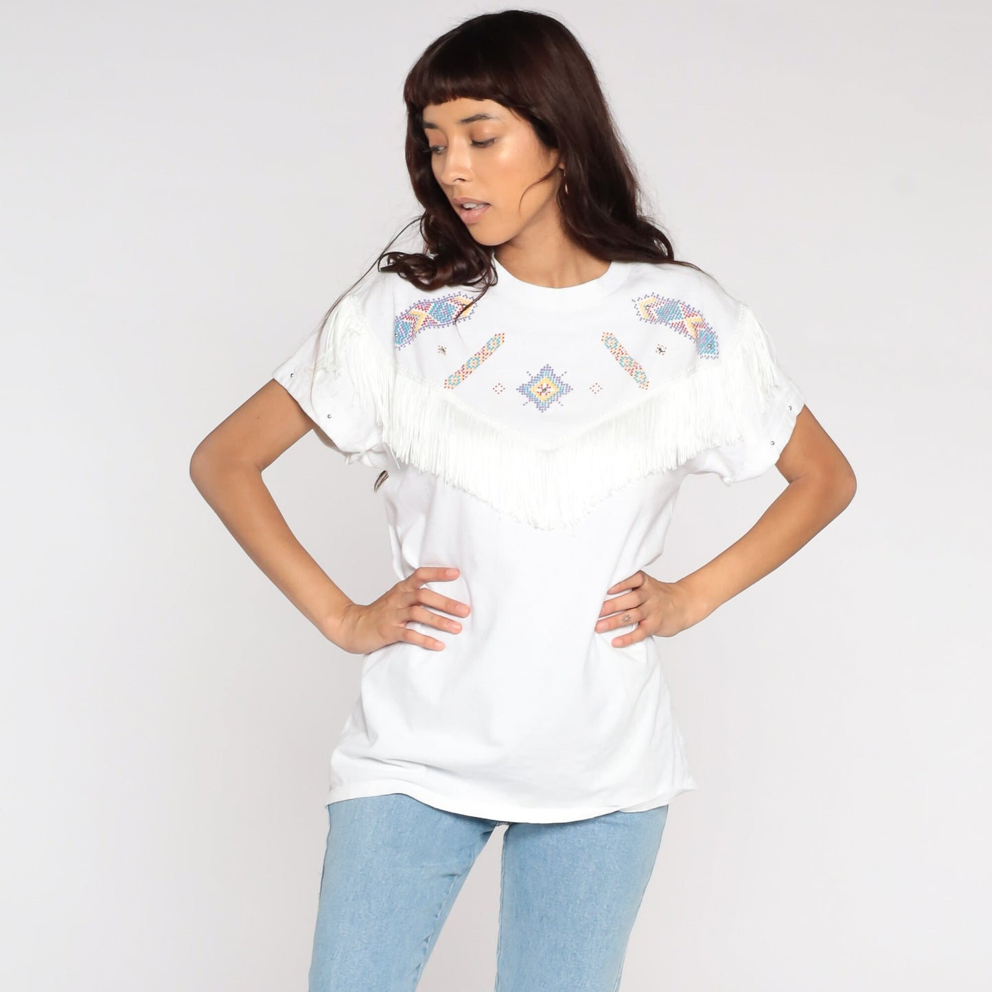 90s Southwest Studded Fringe Cotton T-Shirt White Graphic Tee Medium