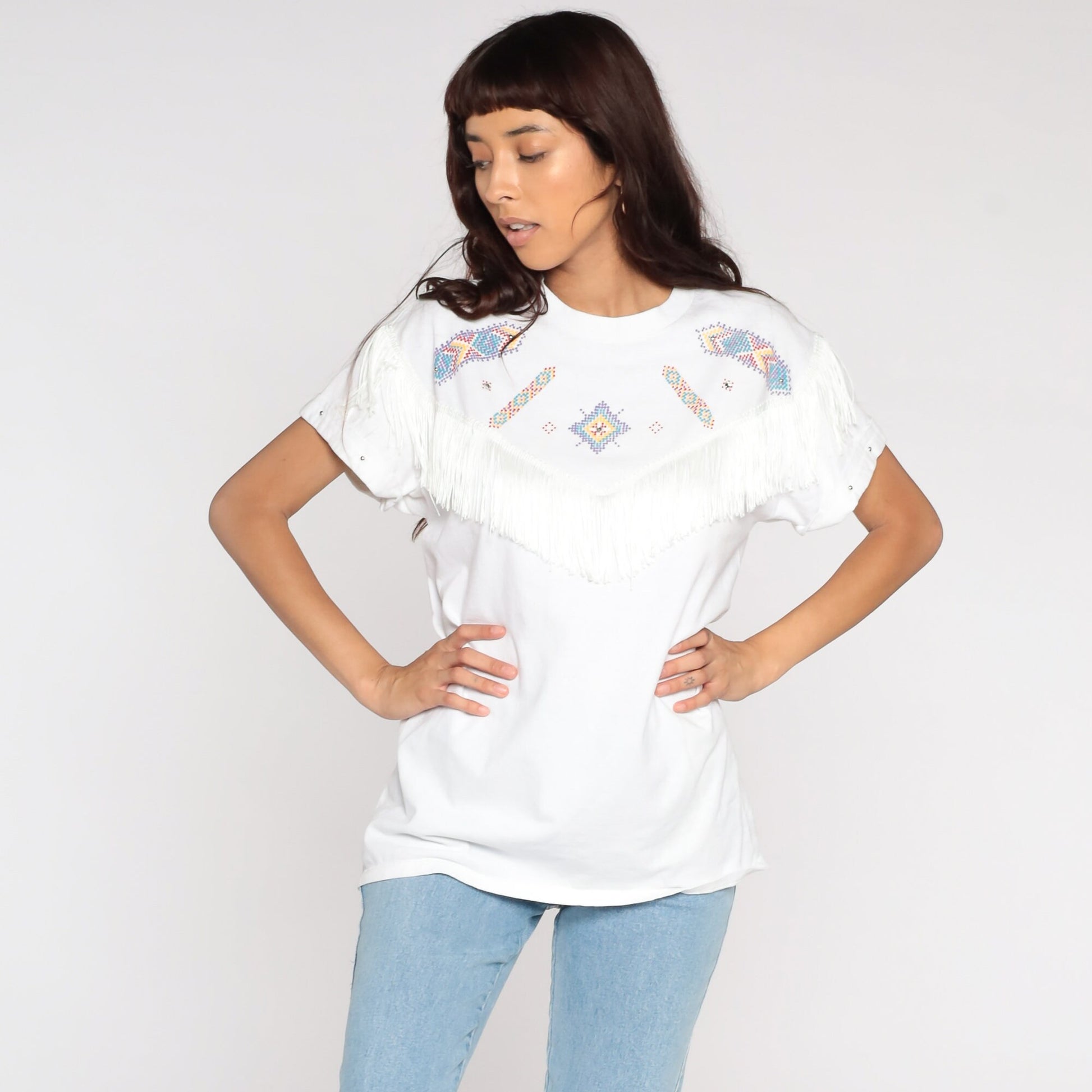 90s Southwest Studded Fringe Cotton T-Shirt White Graphic Tee Medium