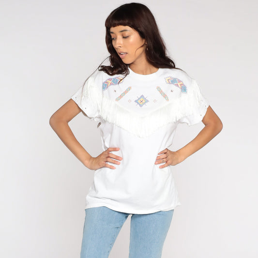 90s Southwest Studded Fringe Cotton T-Shirt White Graphic Tee Medium