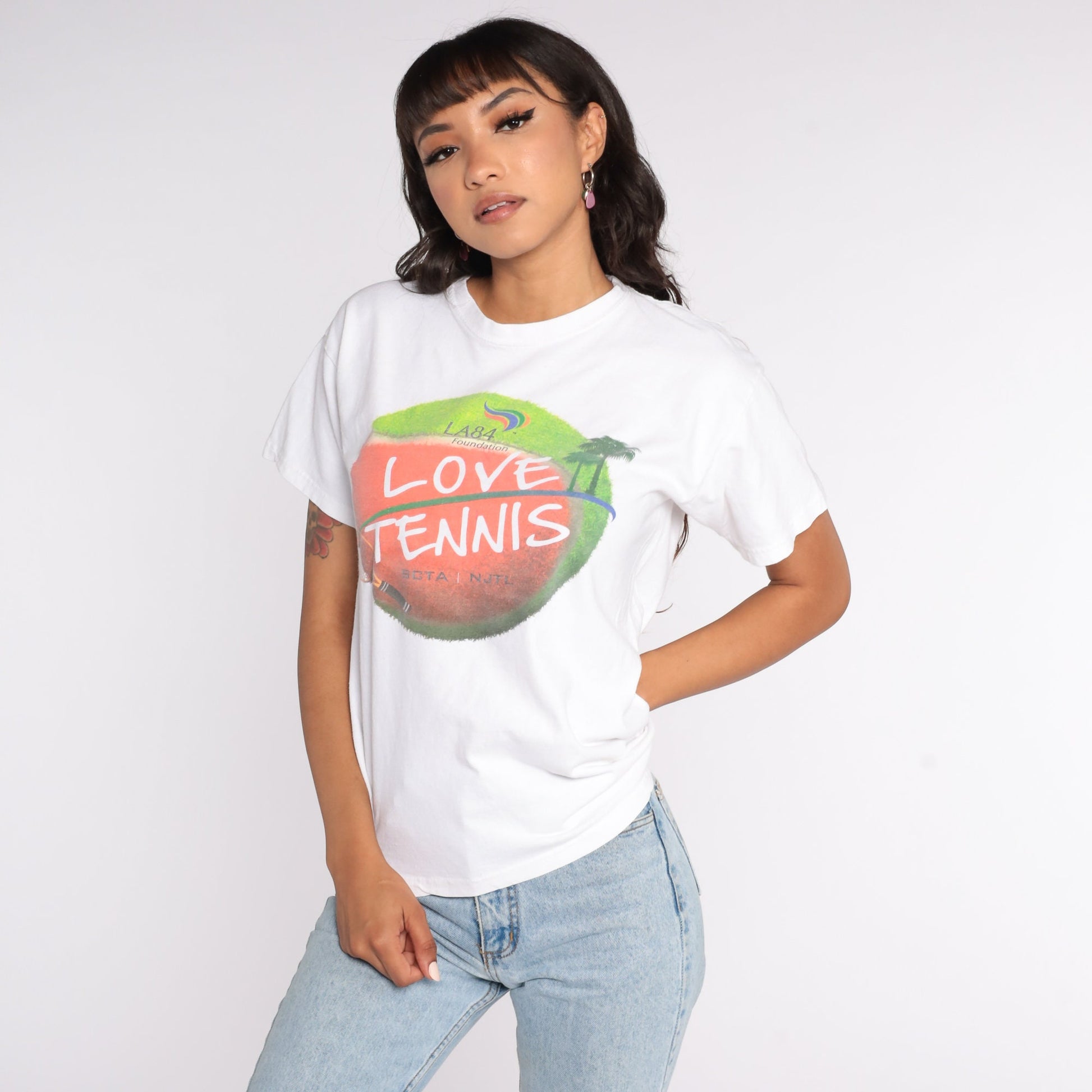 90s LA84 Love Tennis Graphic T-Shirt Cotton Athletic Tee Medium