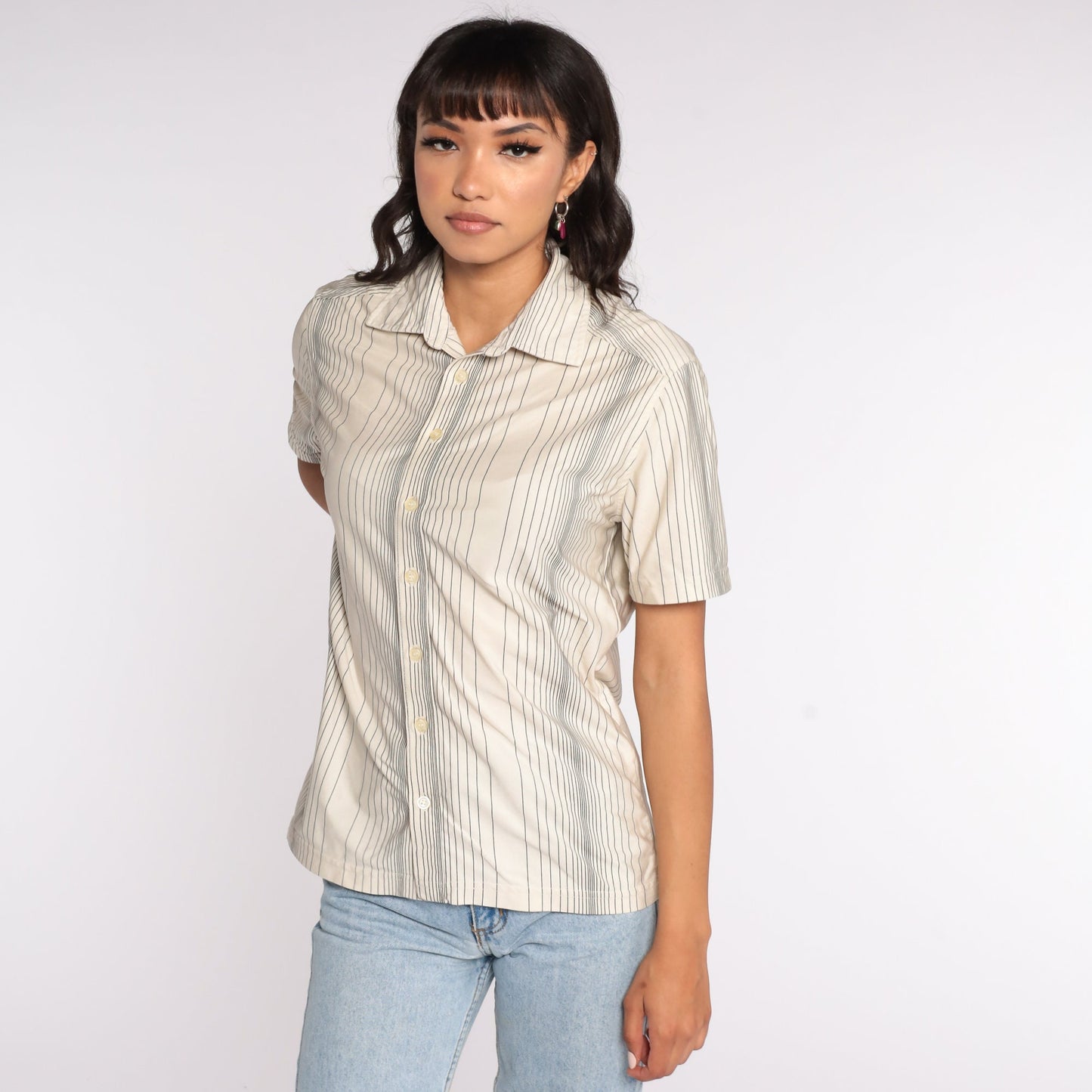 70s Off-White Striped Button-Up Shirt Short Sleeve Collared Top Medium