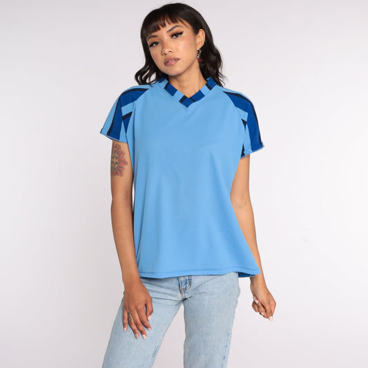 70s Mac-Let Electric Uniform Ringer T-Shirt Baby Blue Raglan Medium Large