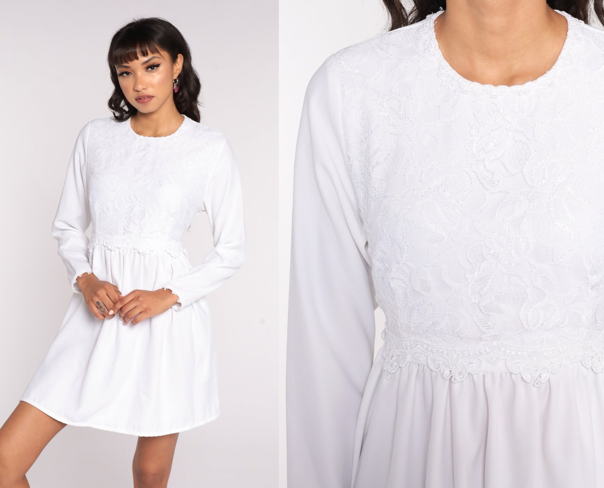 90s White Lace Babydoll Mini Dress Long Sleeve High Waist Small