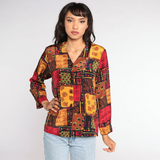 90s Geometric Print Button-Up Shirt Red Yellow Long Sleeve Medium Large