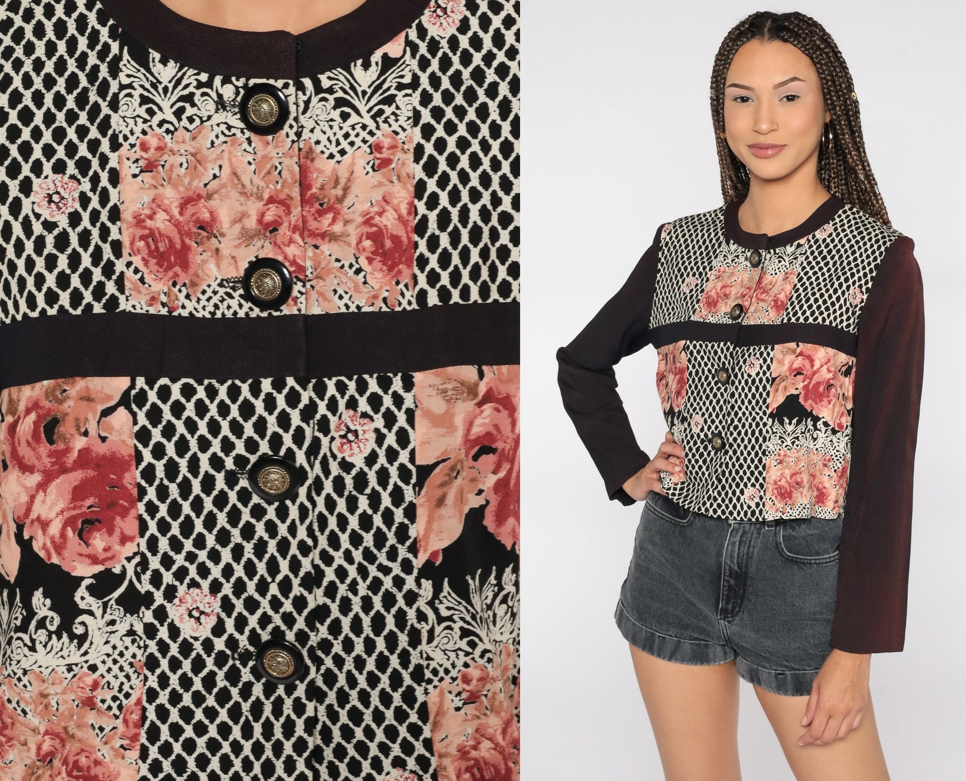 90s Black Floral Rayon Button-Up Shirt Long Sleeve Blouse Small