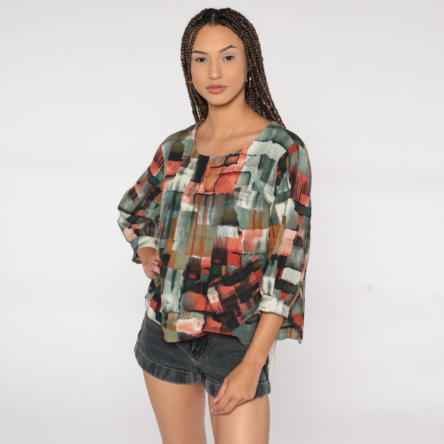 90s Abstract Geometric Brushstroke Blouse Red Grey Short Sleeve Large L