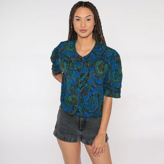 80s Paisley Puff Sleeve Button-Up Blouse Blue Medium