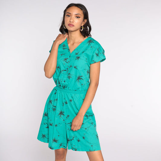 80s Hilo Hatties Tropical Hawaiian Romper Playsuit Green Medium