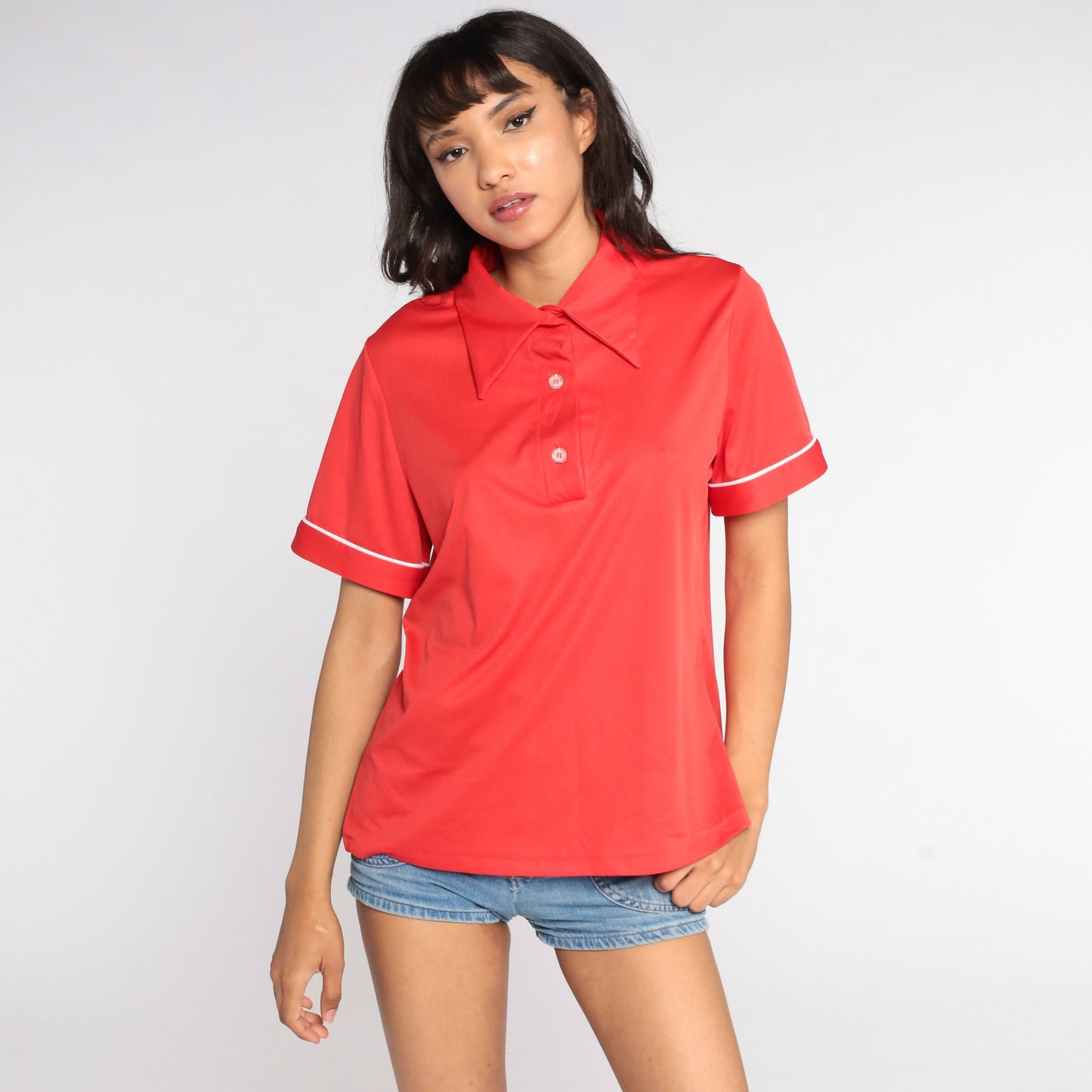 70s Red Polo Shirt Half Button Collared Short Sleeve Extra Large