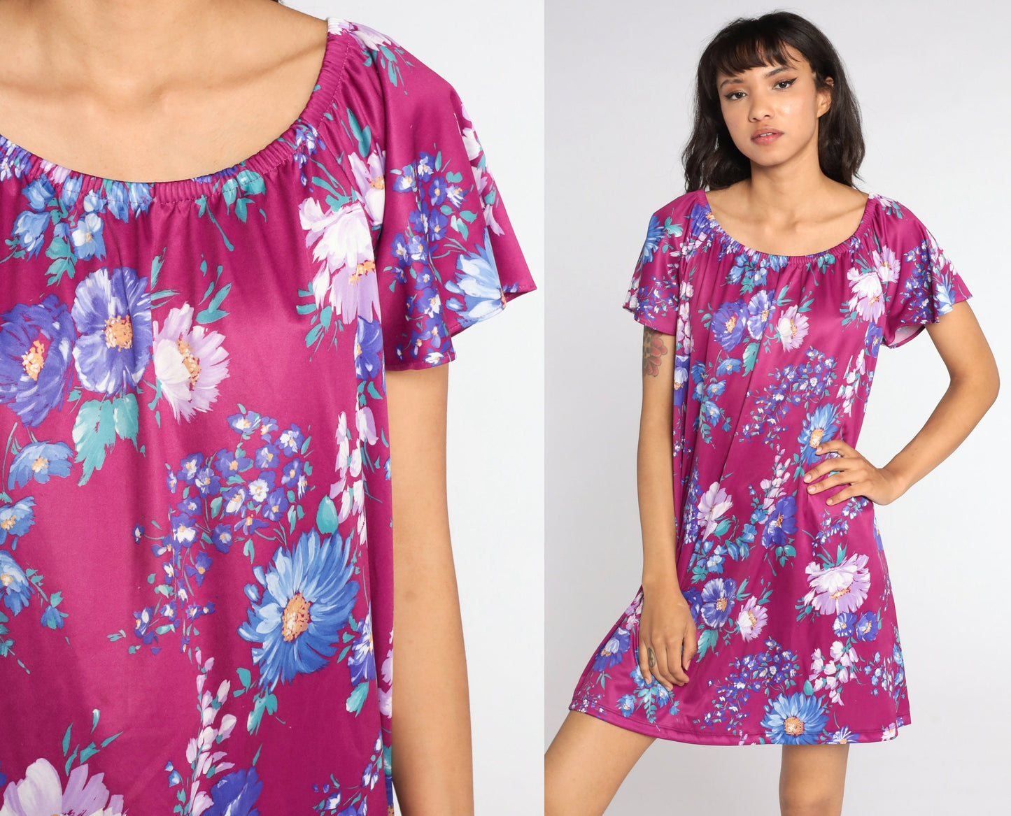 70s Purple Floral Mini Dress Tent Cut Short Sleeve Large