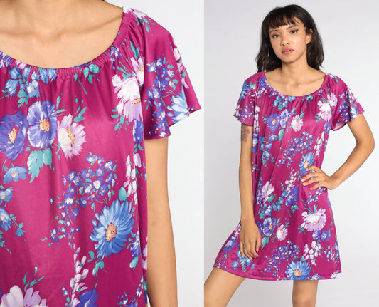 70s Purple Floral Mini Dress Tent Cut Short Sleeve Large