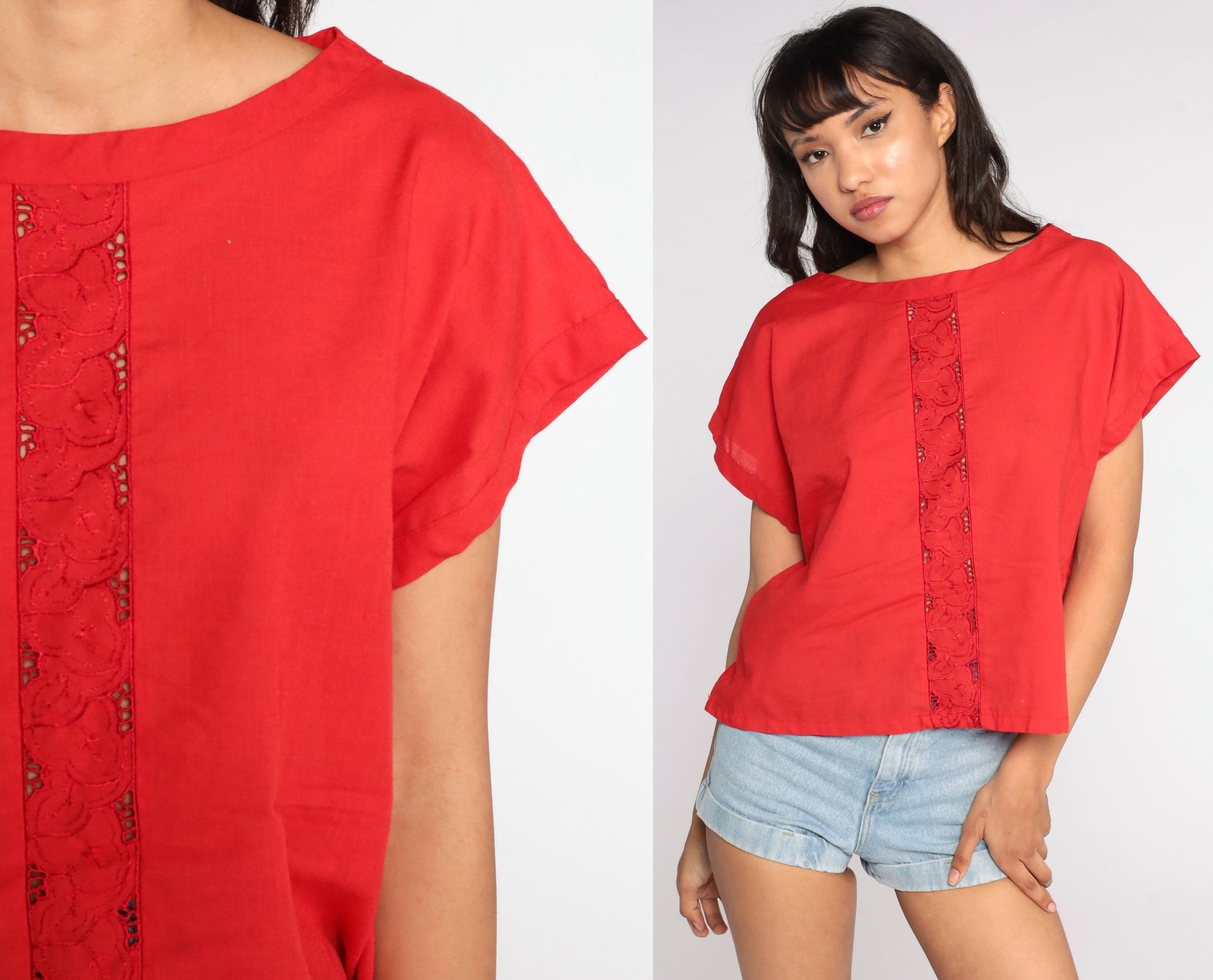 80s Red Embroidered Cutwork Blouse Short Sleeve Cutout Top Large L