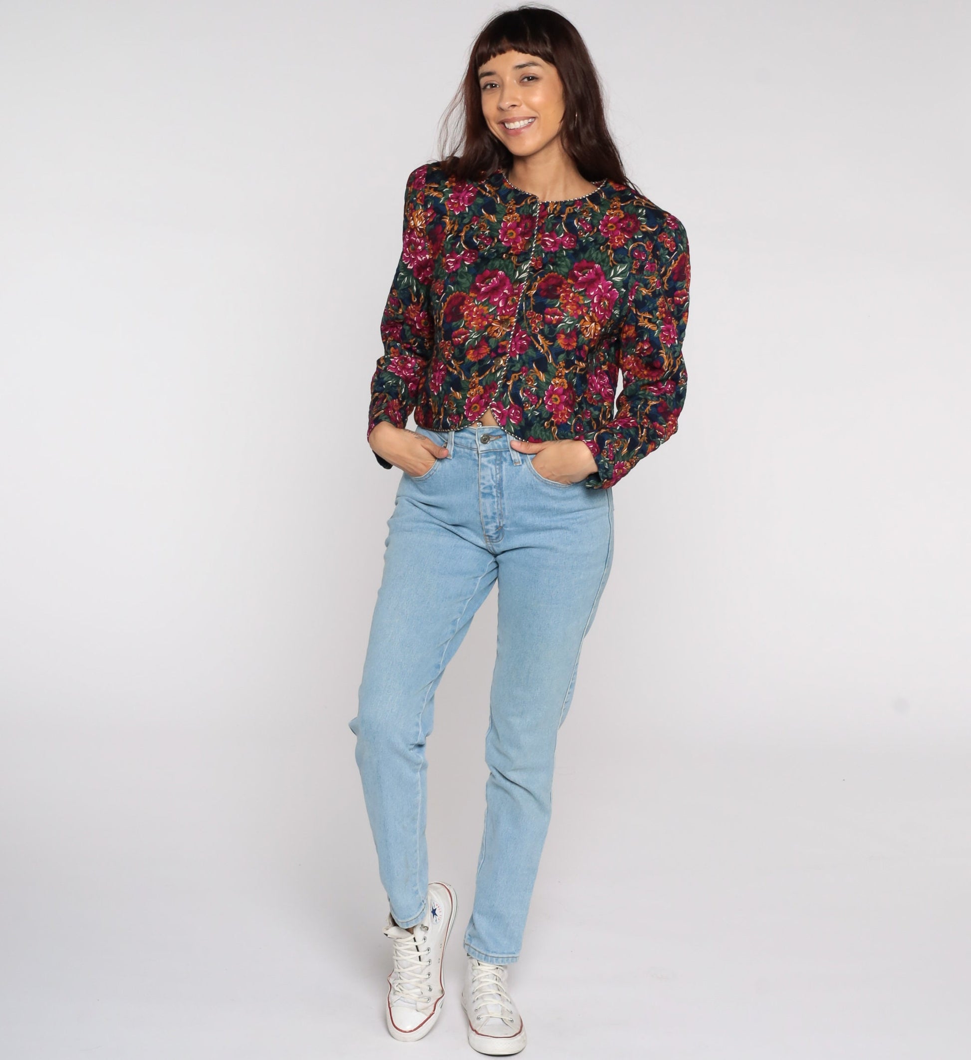80s Quilted Floral Cropped Jacket Fuchsia Button-Up Medium