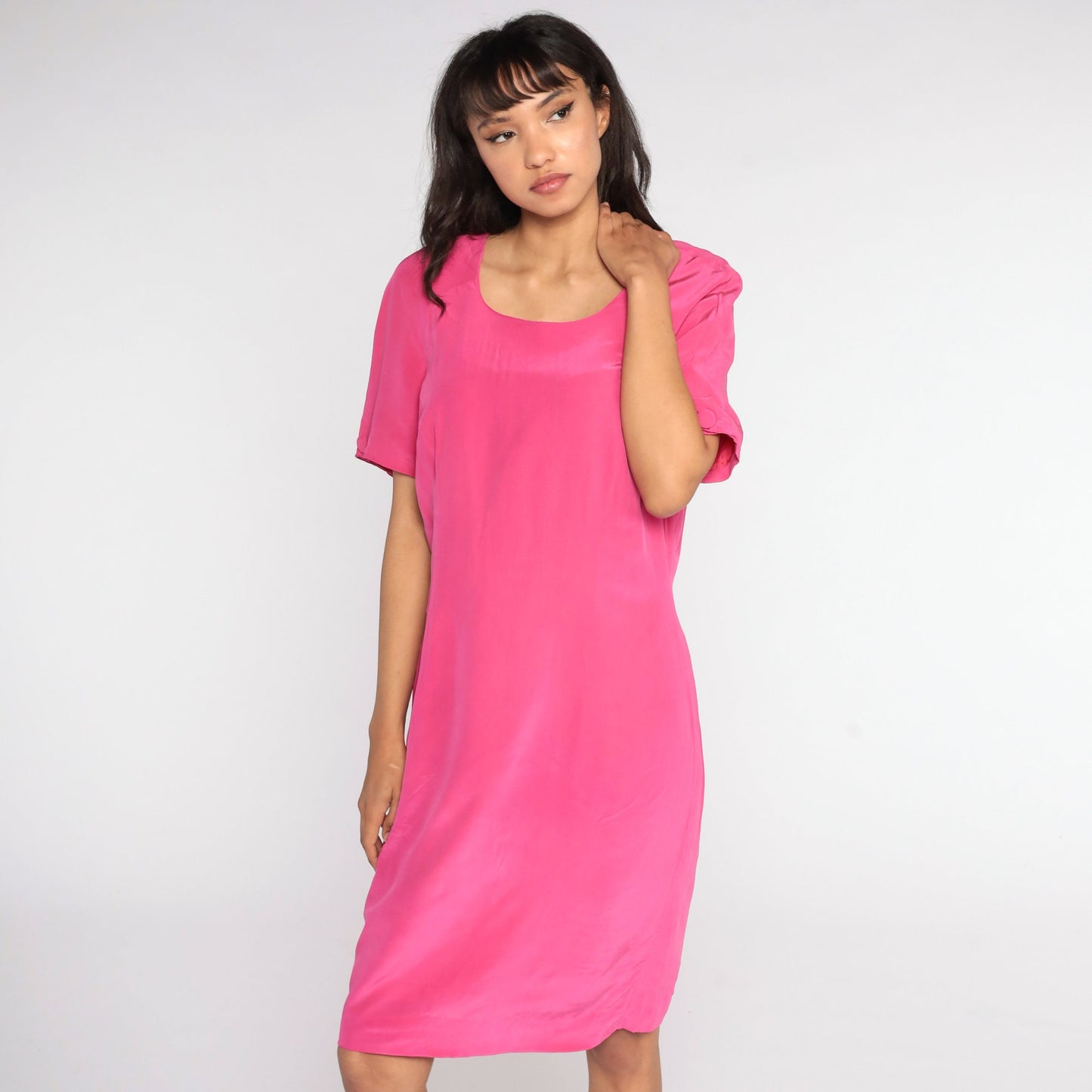 80s Pink Silk Sheath Dress Short Sleeve Mini Large