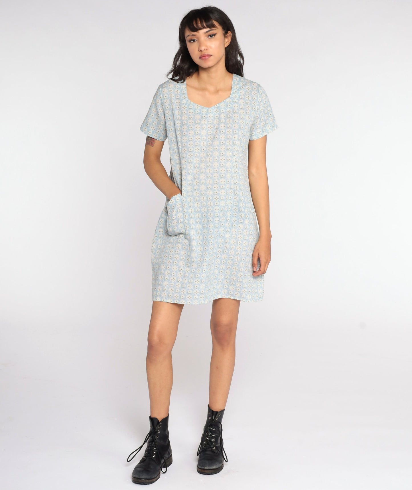 90s Baby Blue Floral Mini Dress Shift Short Sleeve Medium