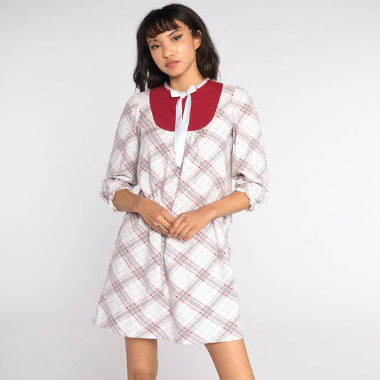 80s White Plaid Pajama Dress Bib Bow Cotton Nightgown Small