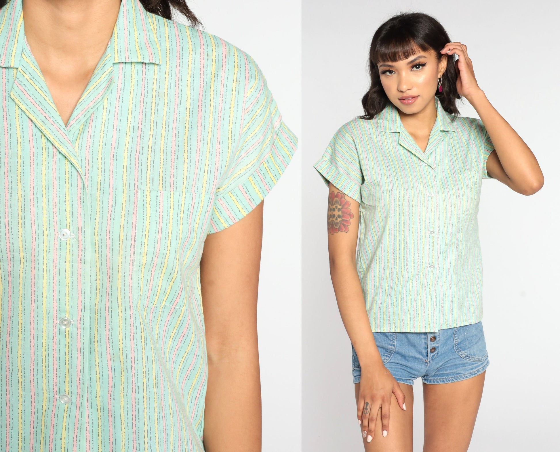 80s Green Striped Cotton Blend Button-Up Blouse Short Sleeve Small S