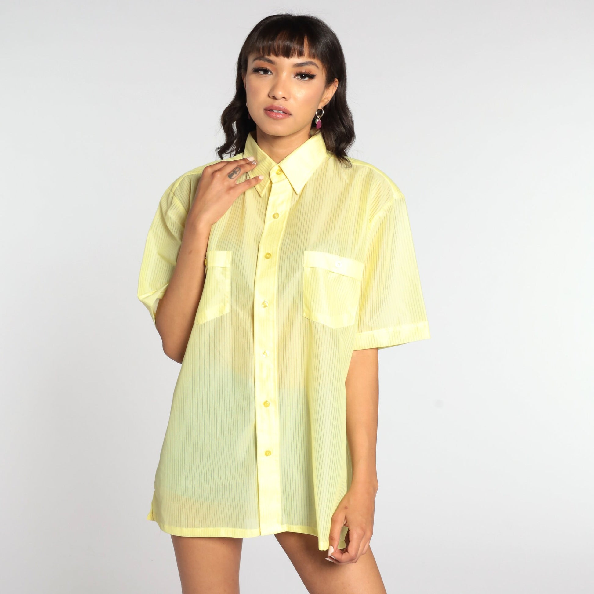 70s Idle Time Striped Button-Up Shirt Yellow Sheer Short Sleeve Large L