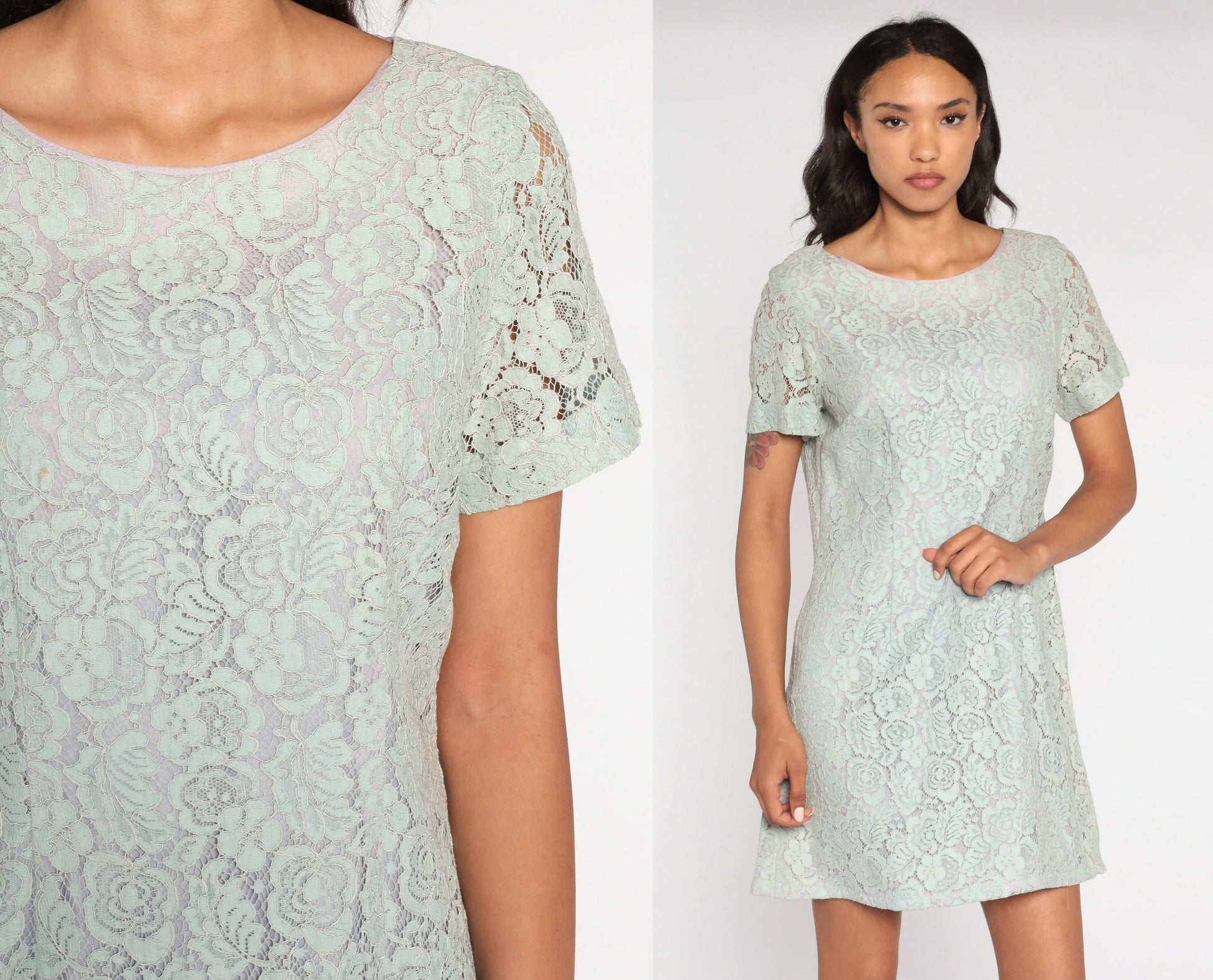60s Baby Blue Lace Mini Dress Mod Shift Sheer Sleeve Medium