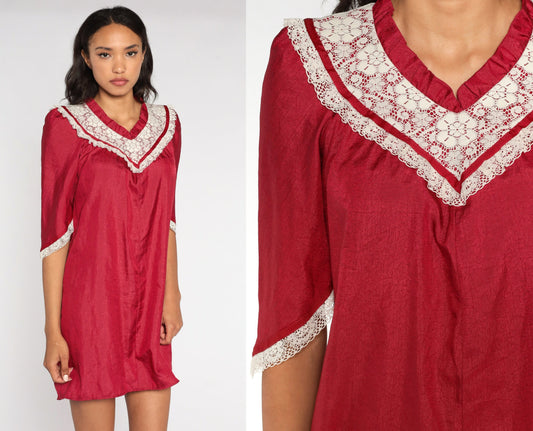 70s Burgundy Tent Dress White Lace Bib Puff Sleeve Mini Small
