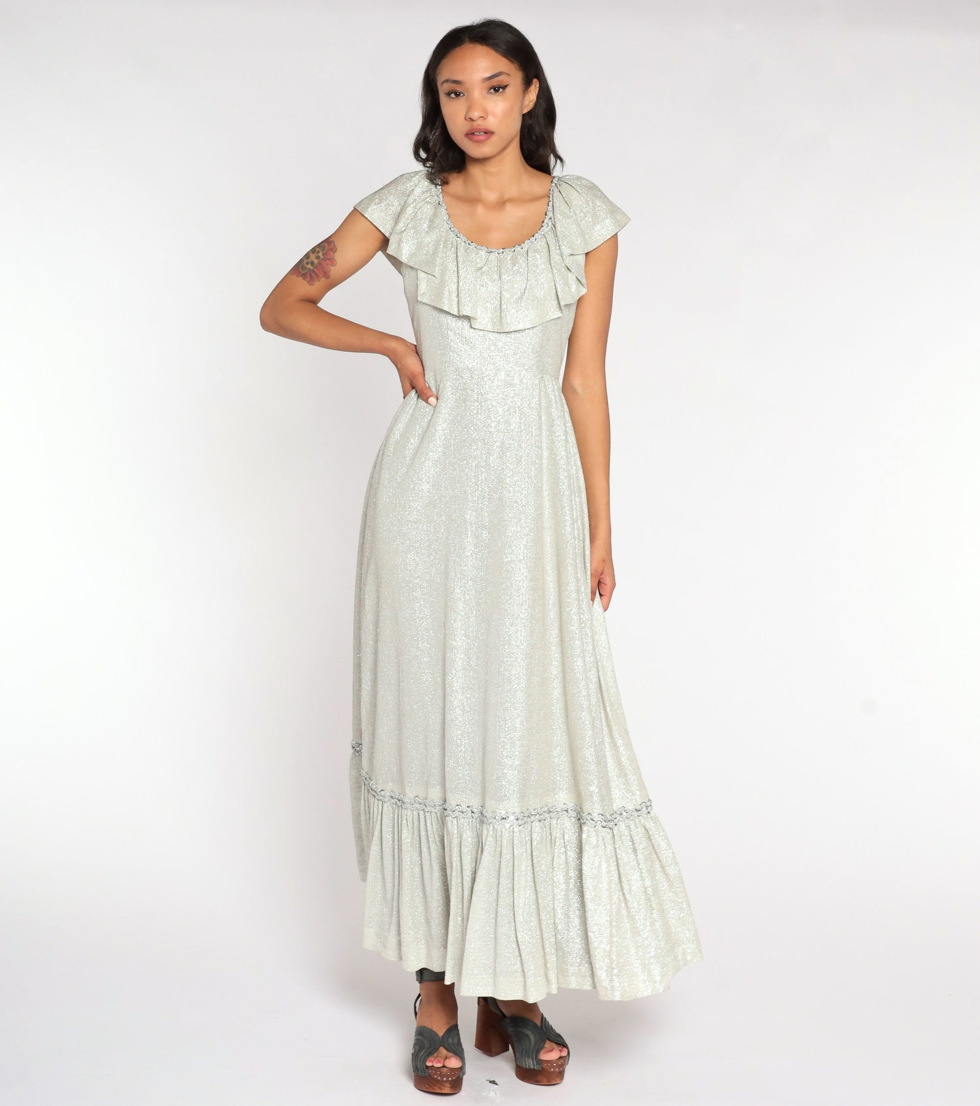 70s Silver Metallic Maxi Dress High Waist Flutter Sleeve Bertha Collar Small