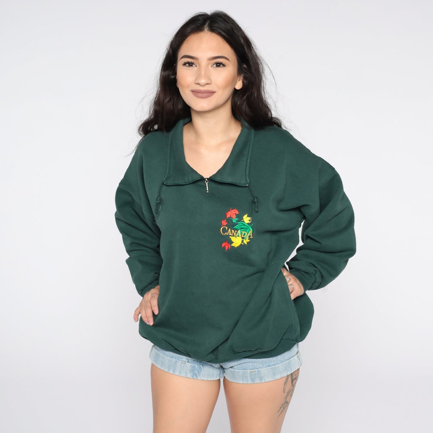 90s Canada Quarter Zip Sweatshirt Green Graphic Pullover Large L