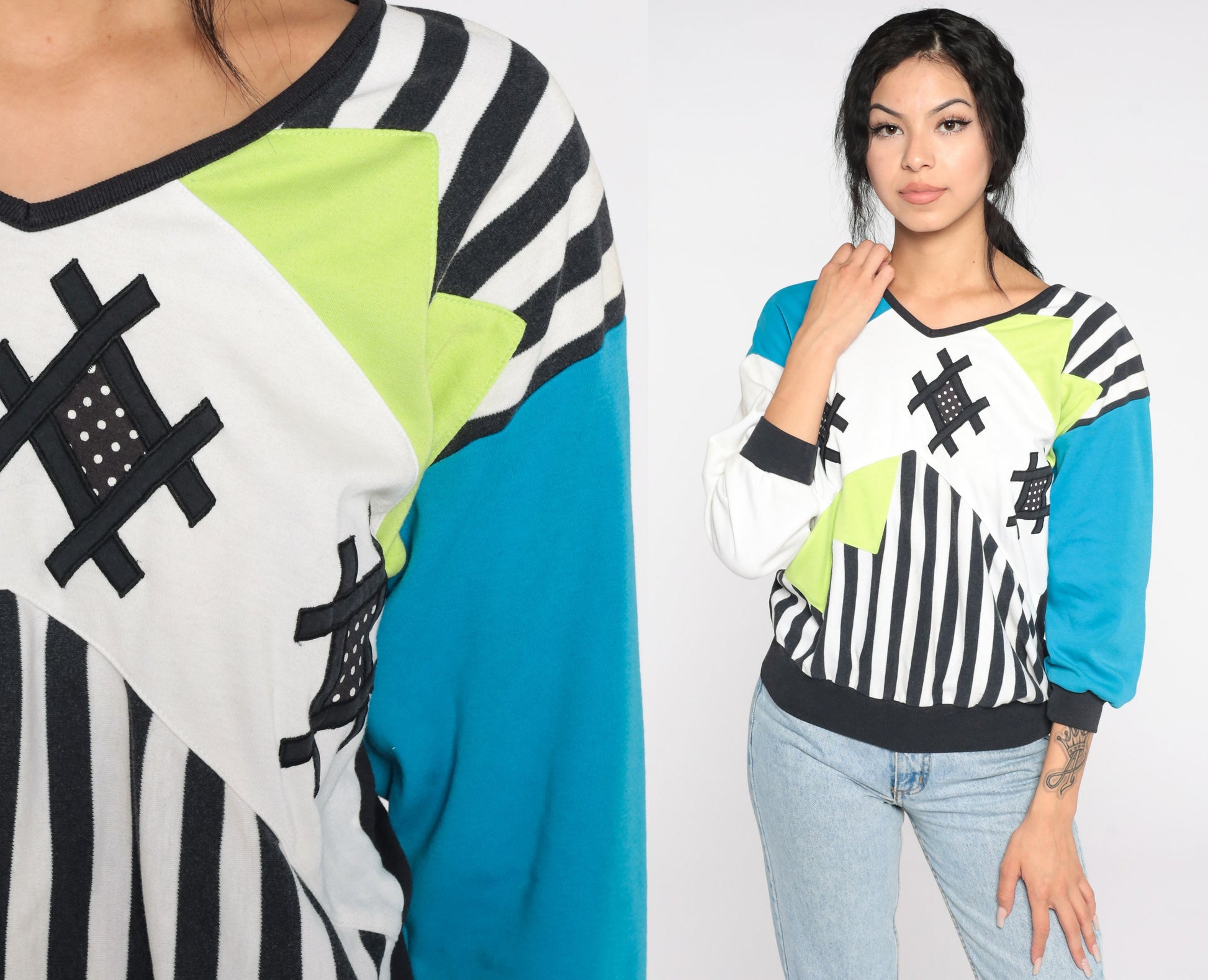 80s Colour Block Striped Sweatshirt Blue Green Crewneck Pullover Small