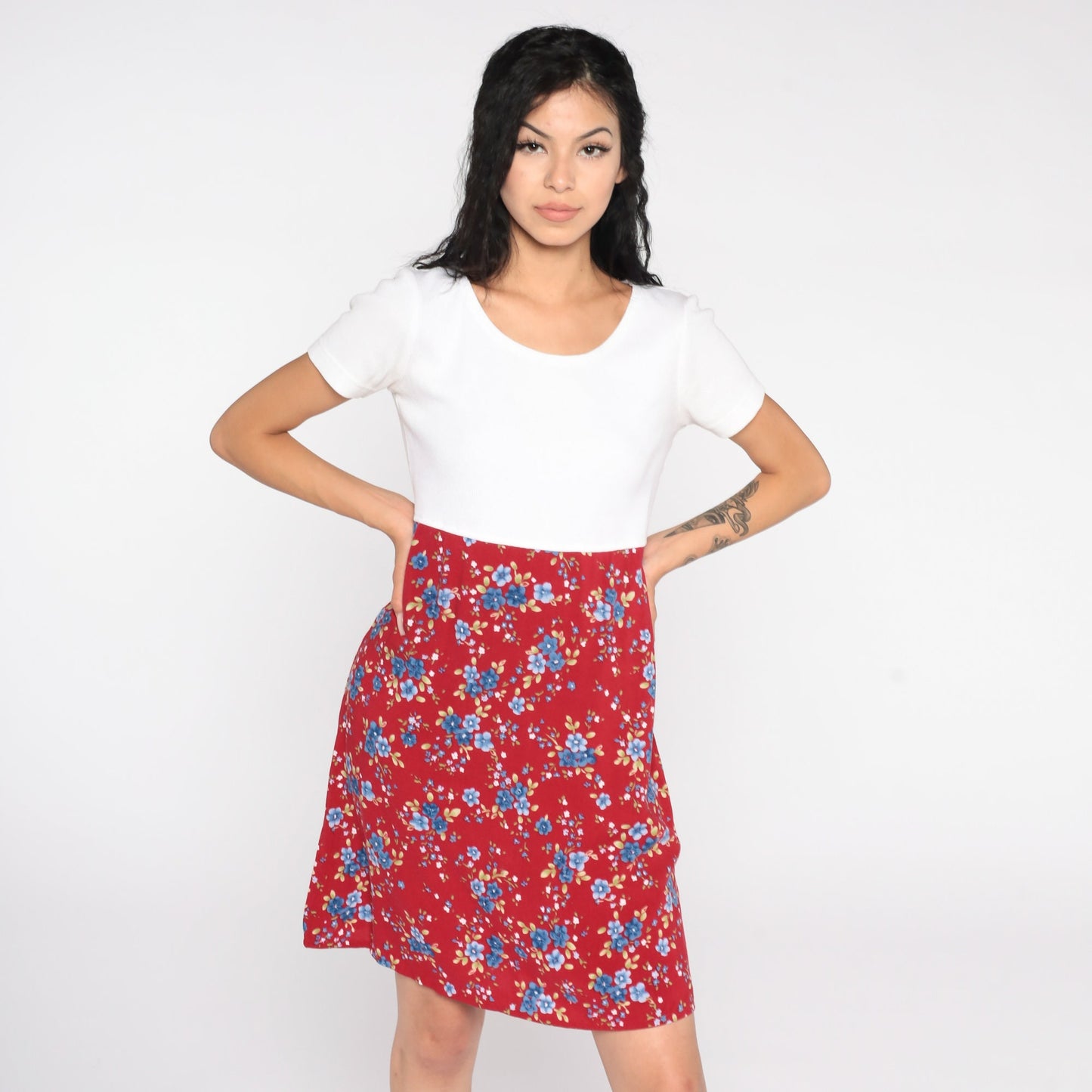 90s Bobbie Brooks Floral Mini Dress Red White High Waist Small