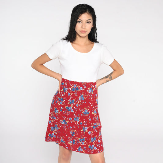 90s Bobbie Brooks Floral Mini Dress Red White High Waist Small