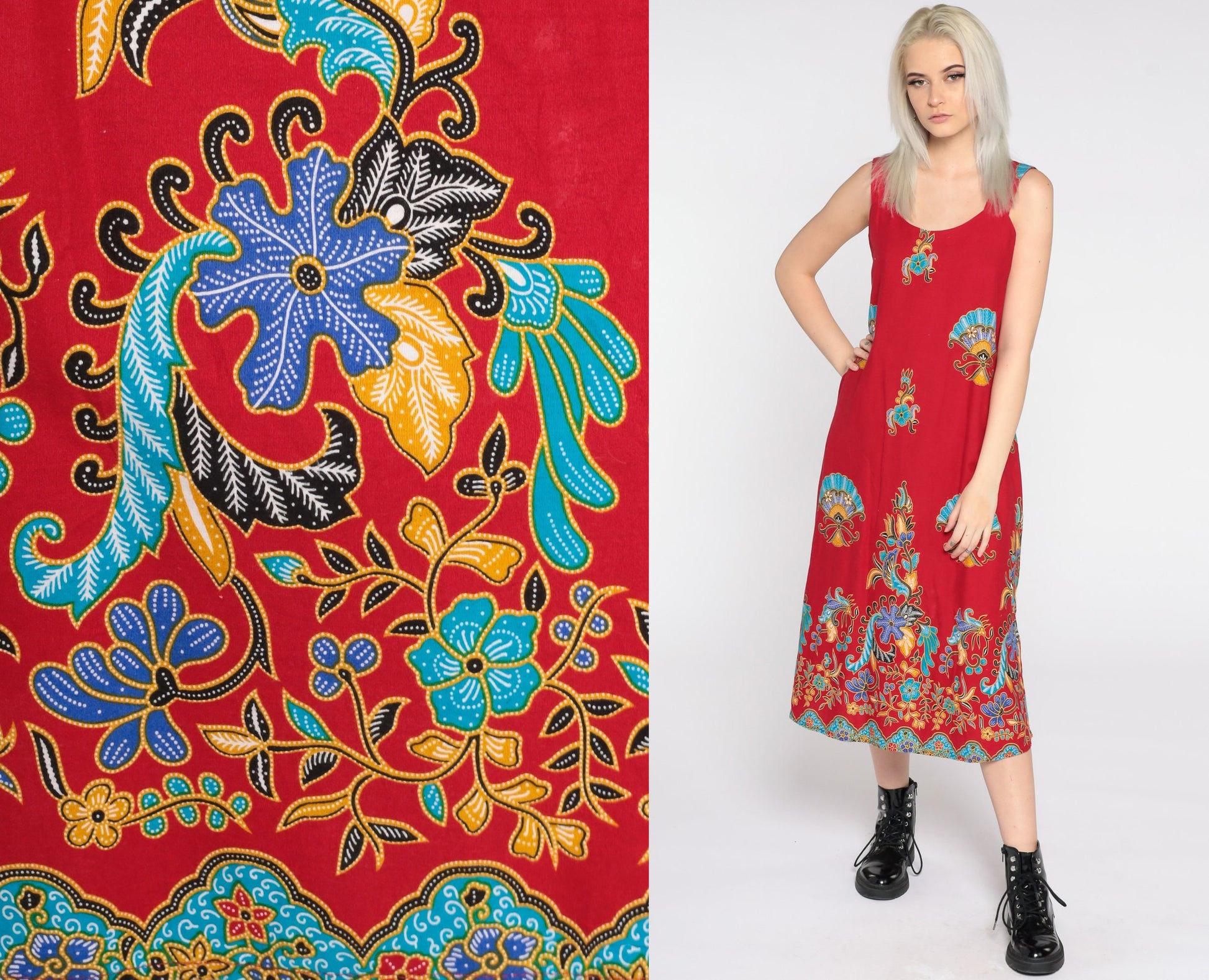 90s Red Floral Midi Dress Sleeveless Sheath Sundress Small
