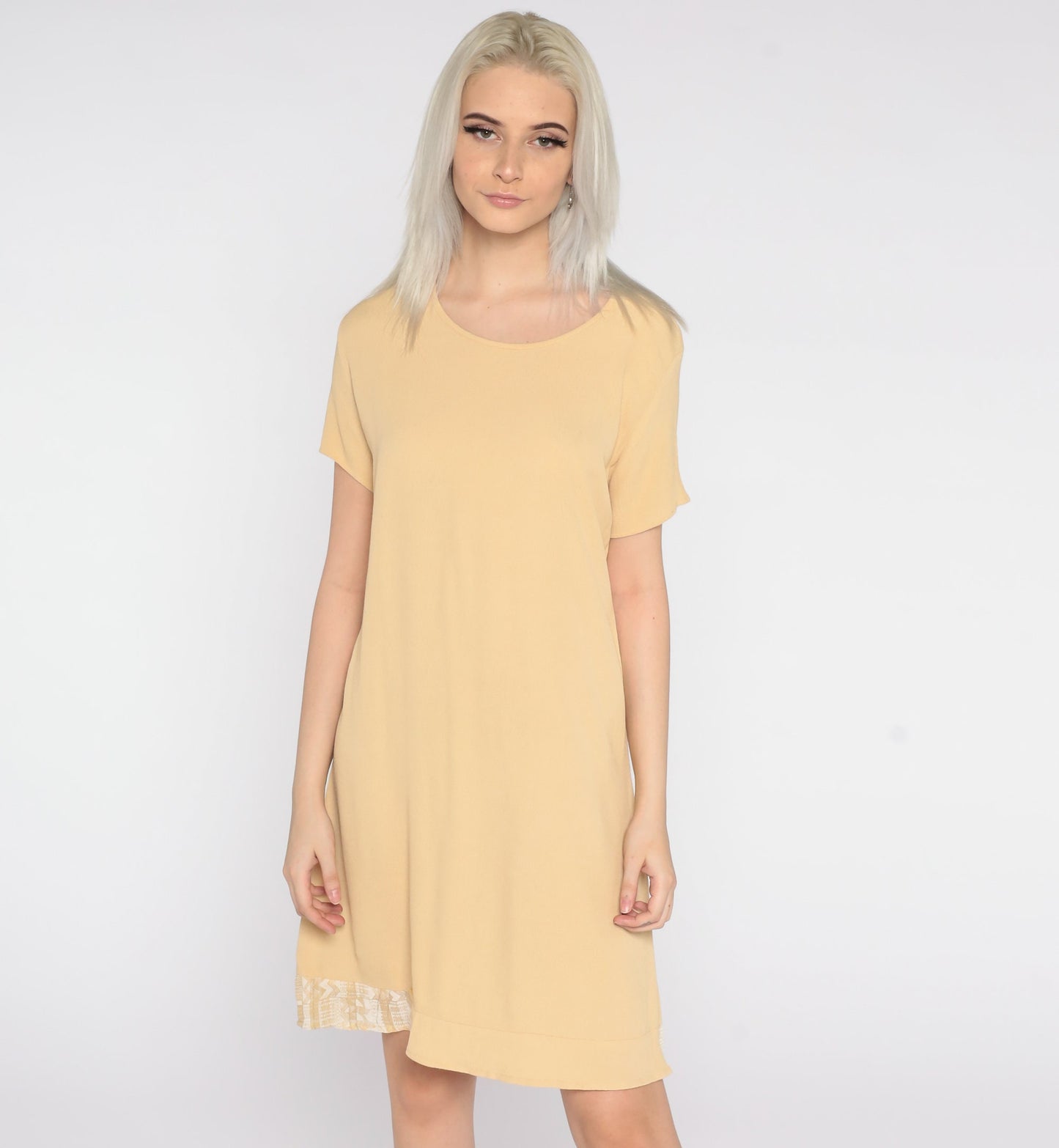 90s Yellow Mini Shift Dress Zig Zag Trim Short Sleeve Small S