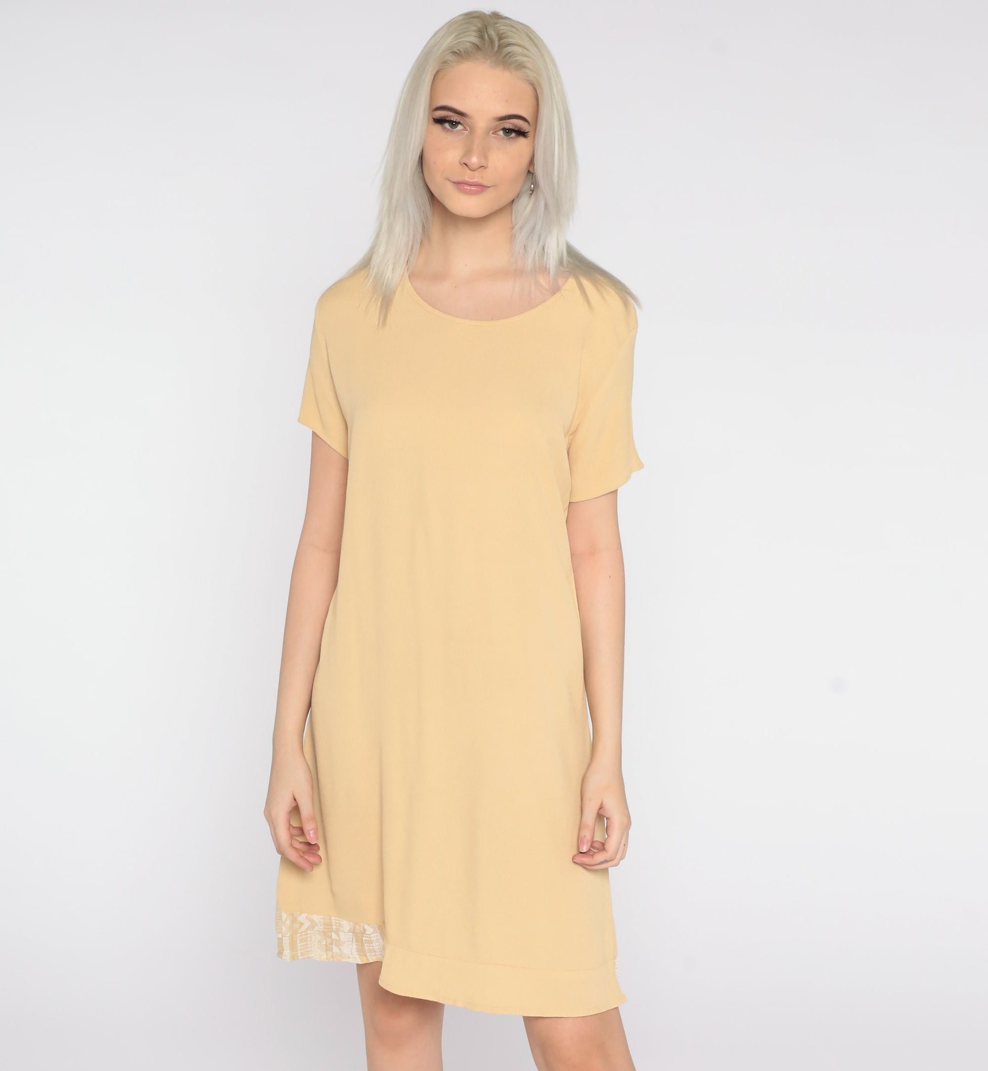 90s Yellow Mini Shift Dress Zig Zag Trim Short Sleeve Small S