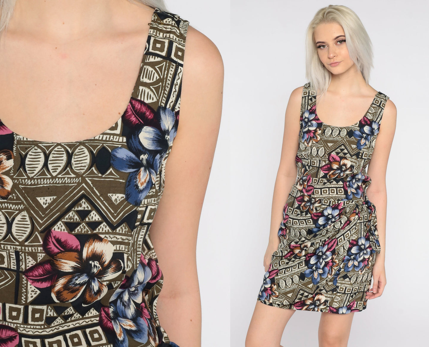 90s Rampage Floral Mini Dress Tropical Flower Print Shift Wrap Skirt Small