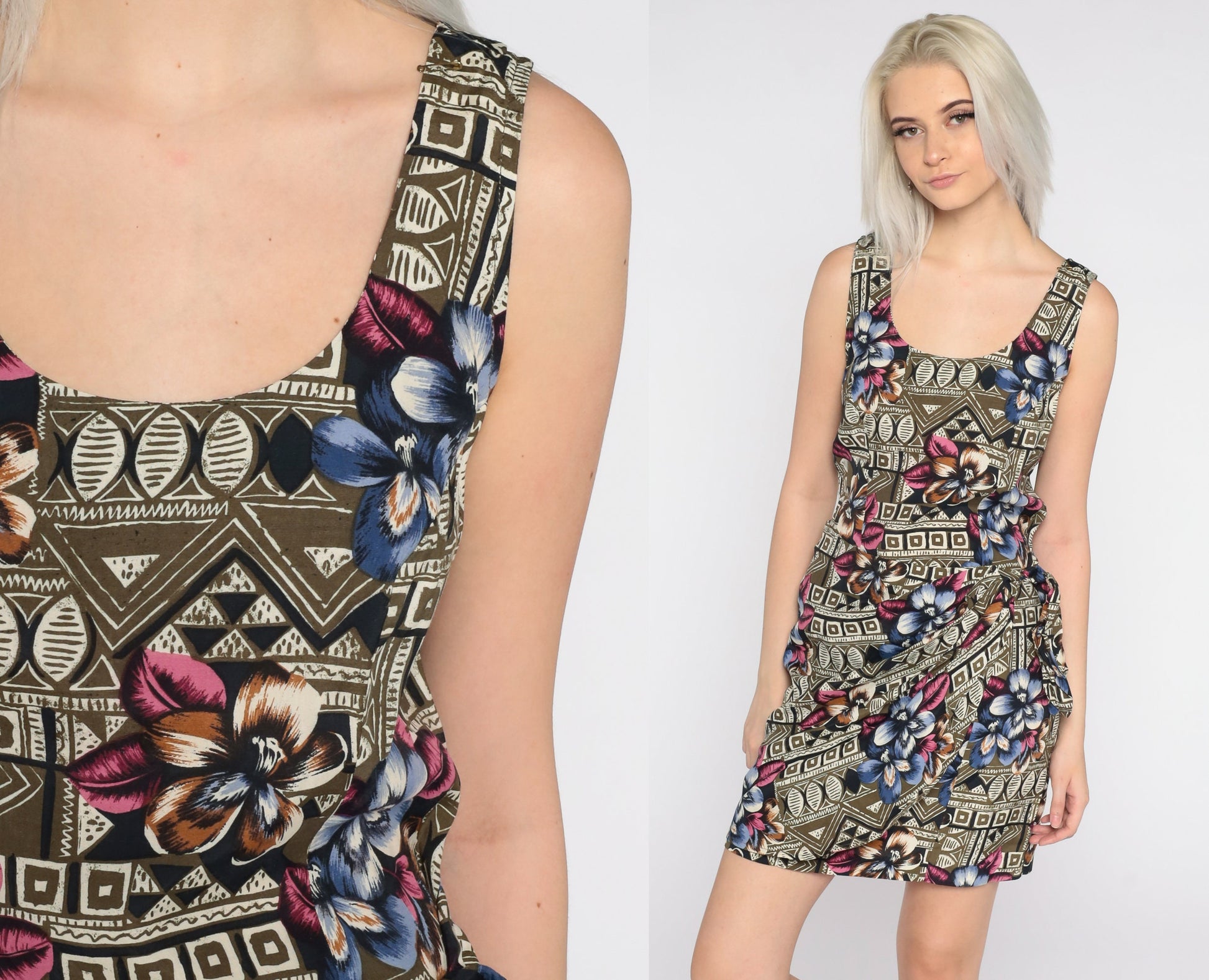 90s Rampage Floral Mini Dress Tropical Flower Print Shift Wrap Skirt Small