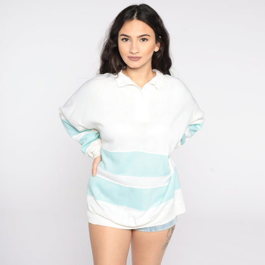 80s Mister Noah Striped Sweatshirt White Blue Button Neck Large L