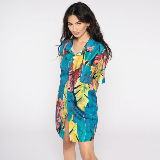 80s Tropical Leaf Print Hawaiian Button-Up Blouse Blue Short Sleeve Extra Large