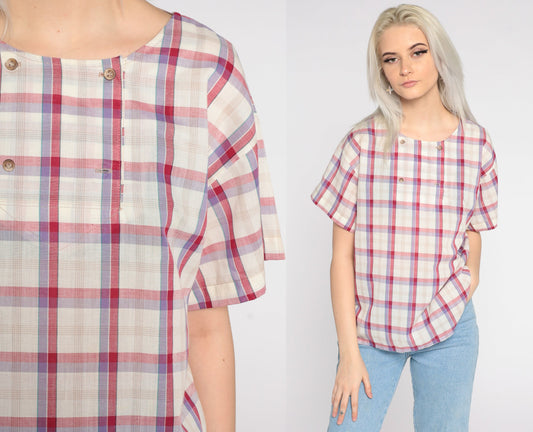80s Koret Plaid Button-Up Blouse White Pink Cap Sleeve Medium
