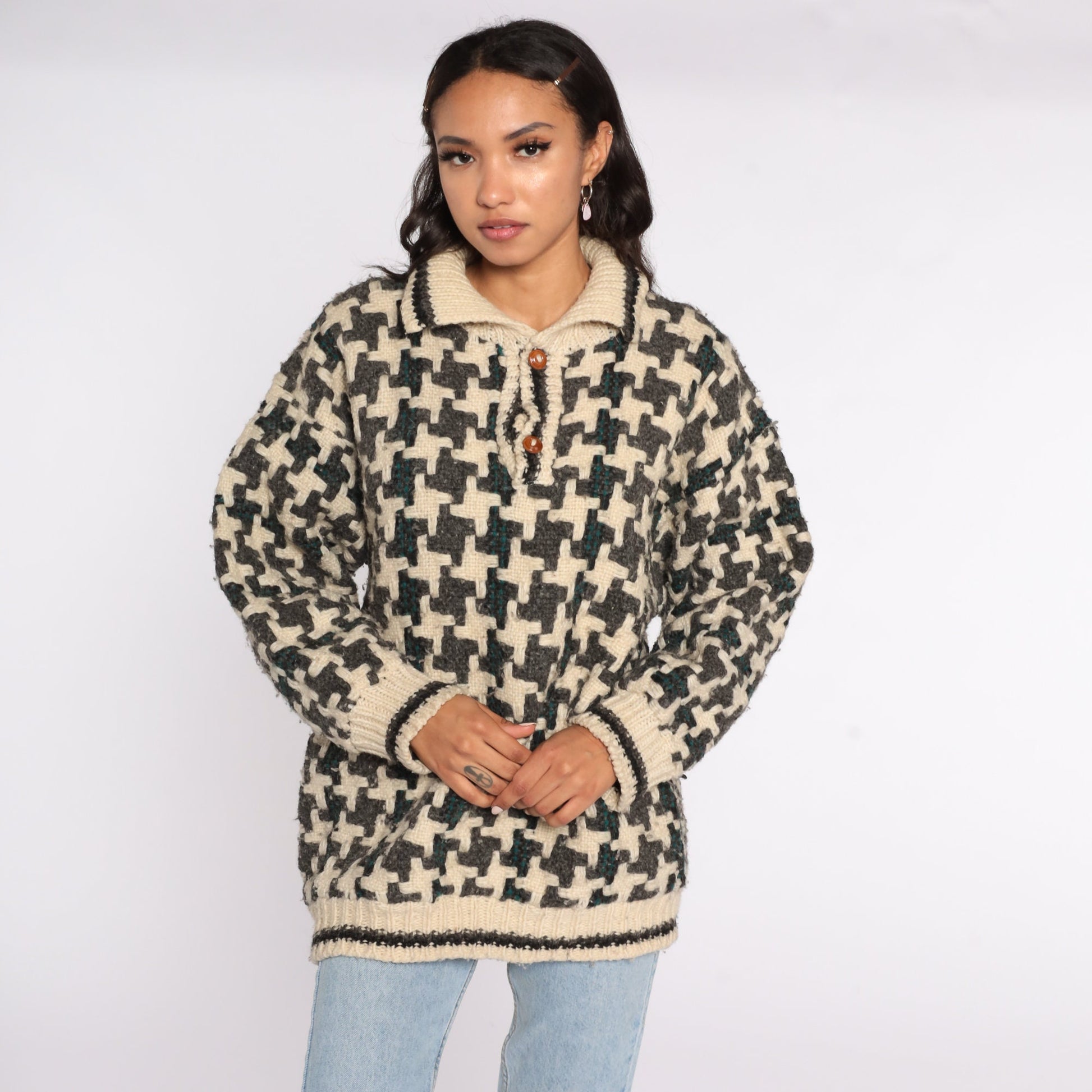 80s Wool Geometric Houndstooth Sweater Cream Grey Pullover Large