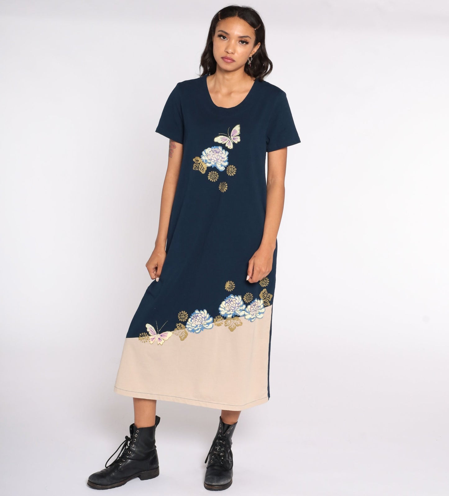 90s Butterfly Floral Metallic Print Midi Shift Dress Blue Short Sleeve Medium
