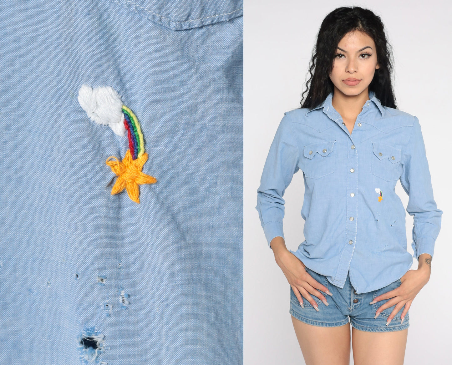 70s Chambray Shirt Embroidered Rainbow Star Pearl Snap Western Blue Extra Small