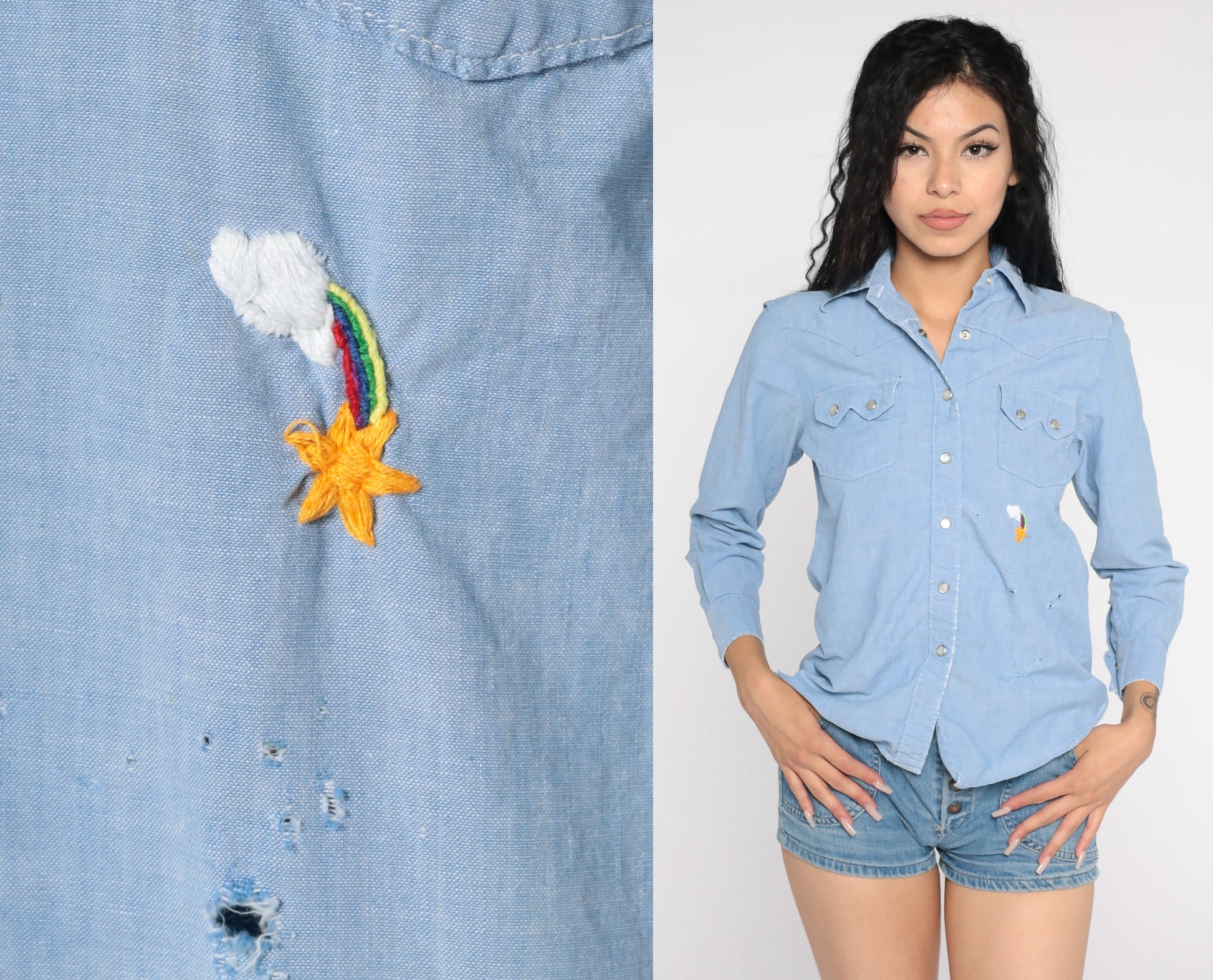70s Chambray Shirt Embroidered Rainbow Star Pearl Snap Western Blue Extra Small