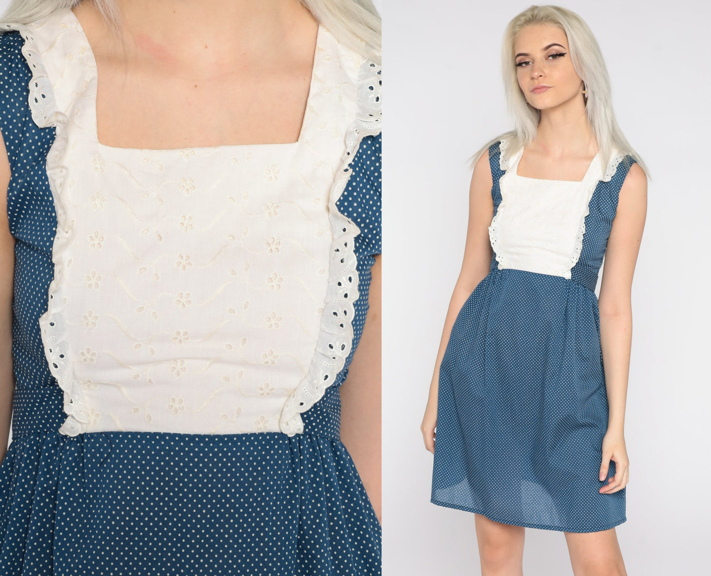 70s Blue Polka Dot Mini Dress Eyelet Lace Bib Empire Waist Extra Small