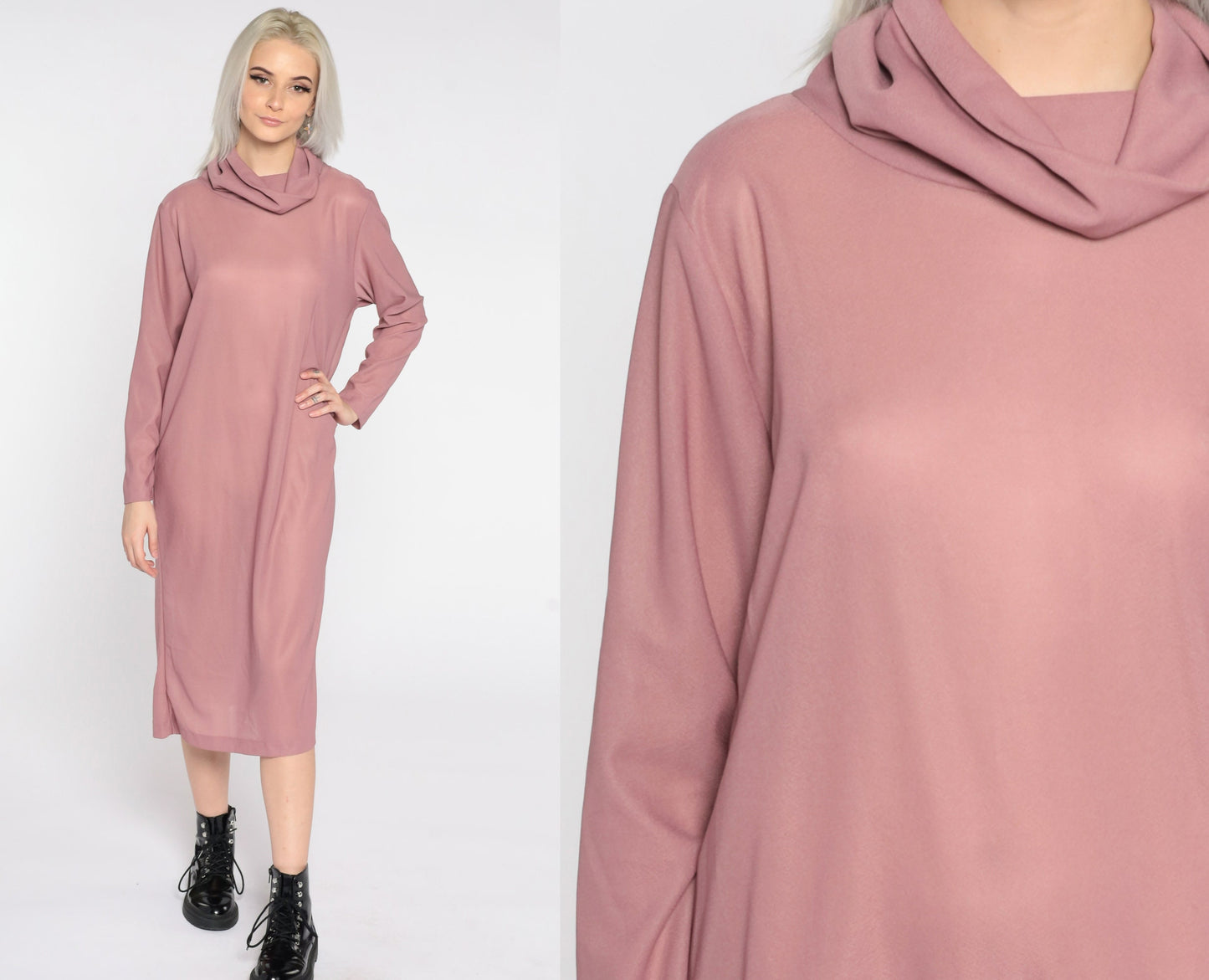 80s Pink Cowl Neck Midi Shift Dress Sheer Polyester Small Medium