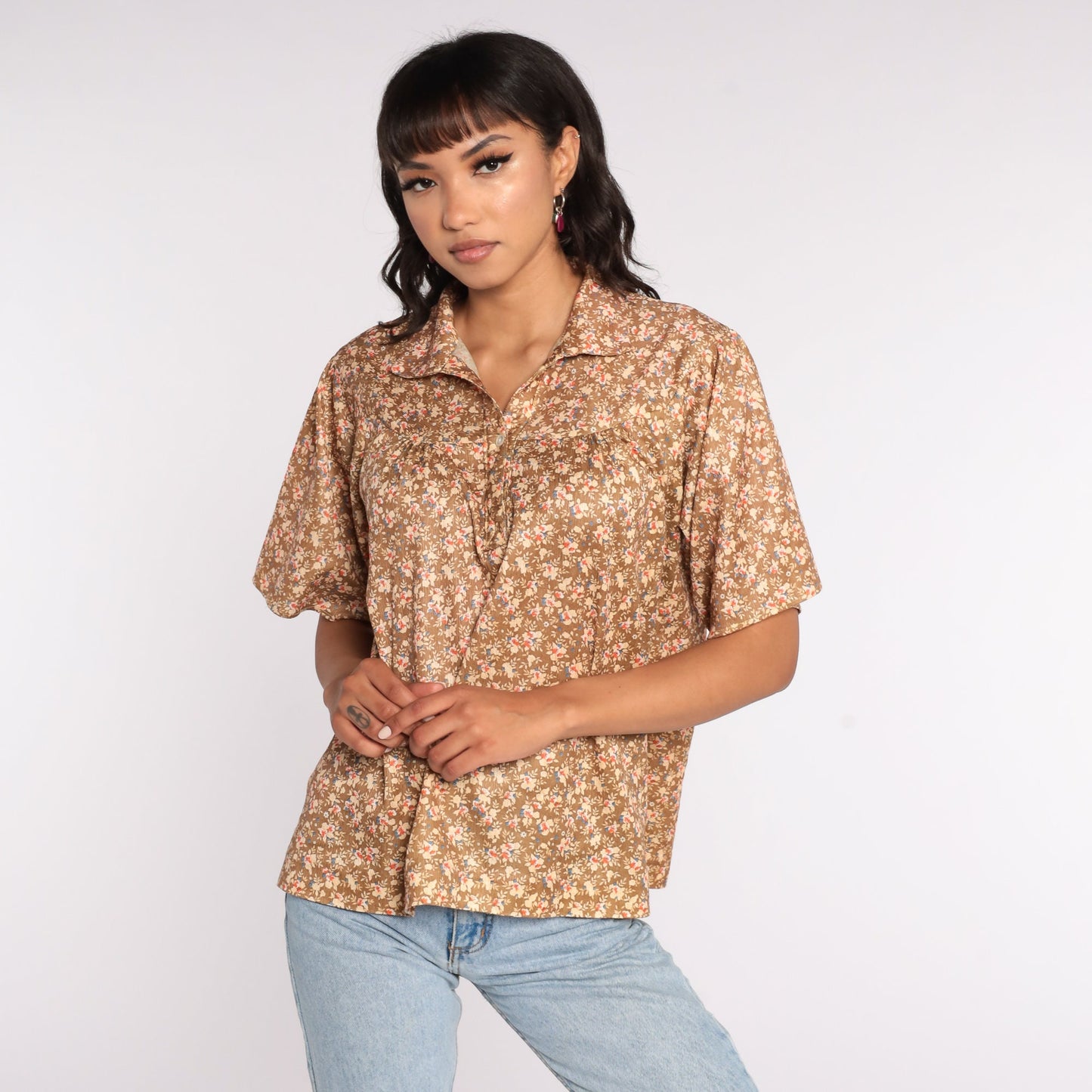70s Brown Floral Button-Up Shirt Short Sleeve Blouse Large L